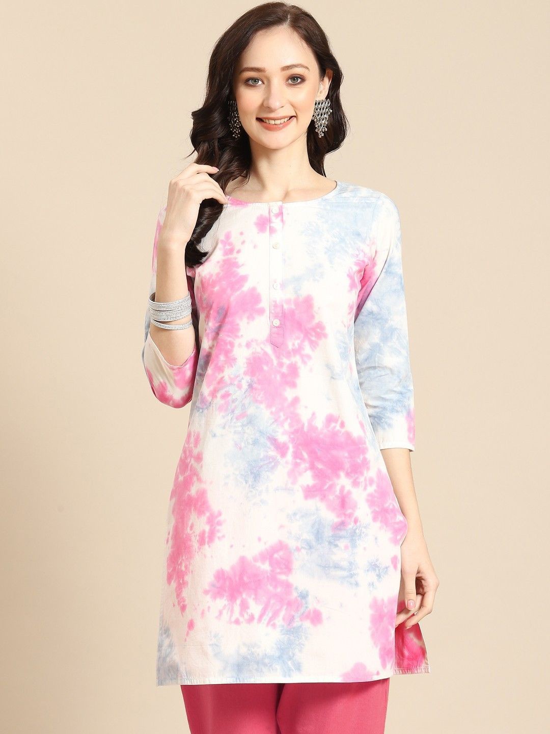 

NIJANAND TEXTILE Tie-Dye Dyed Round-Neck Pure Cotton Tunic With Trouser, White