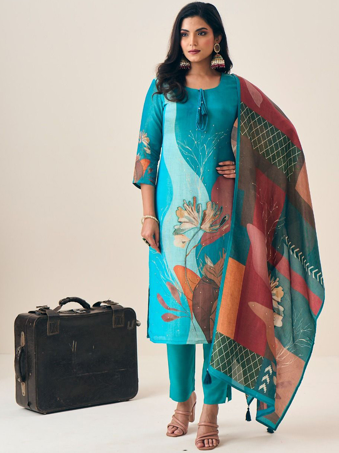

Label Khoj Floral Embroidered Beads and Stones Pure Silk Kurta With Trouser And Dupatta, Blue