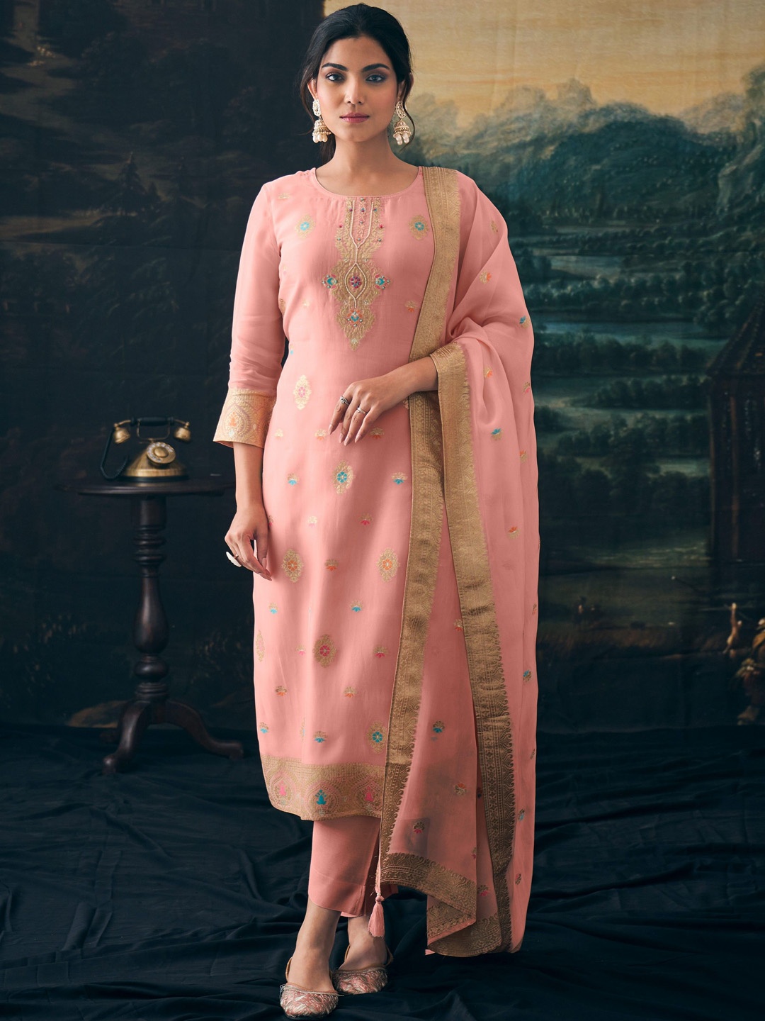 

Label Khoj Ethnic Motifs Printed Beads And Stones Jacquard Kurta With Trouser And Dupatta, Peach