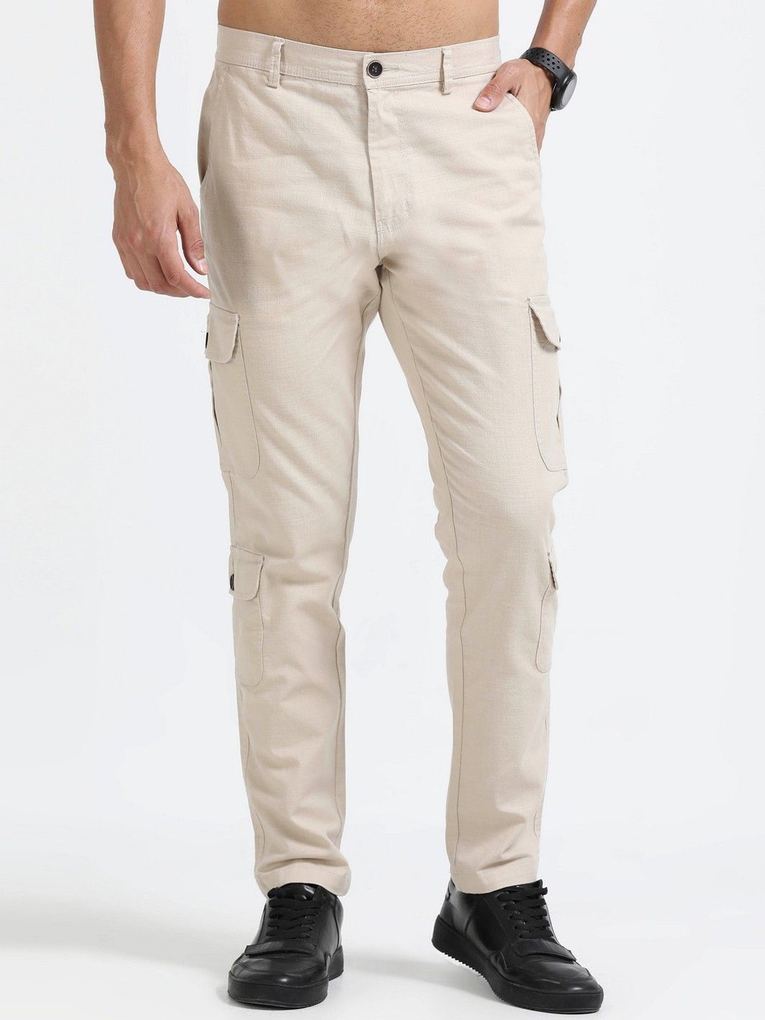 

NEVER NEUD Men Regular Fit Mid-Rise Lazy Linen Utility Cargos, Beige