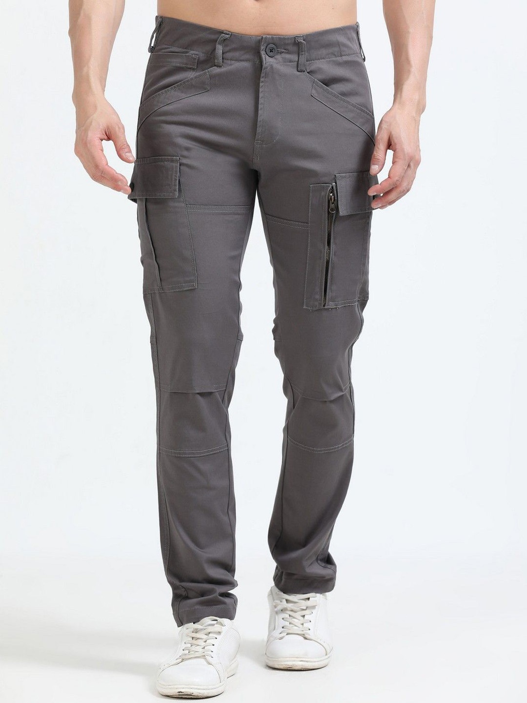 

NEVER NEUD Men Relaxed Regular Fit Mid-Rise Cargos Trousers, Grey