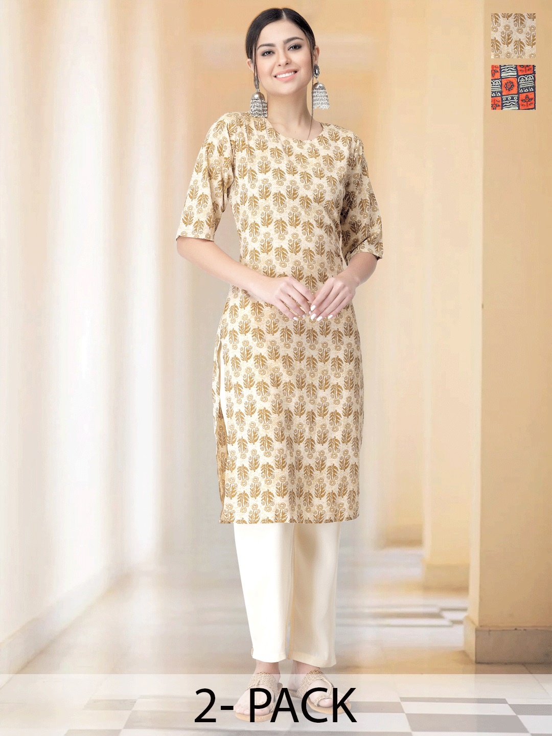 

7Threads Selection Of 2 Floral Printed Round Neck Straight Kurta With Trousers, Beige