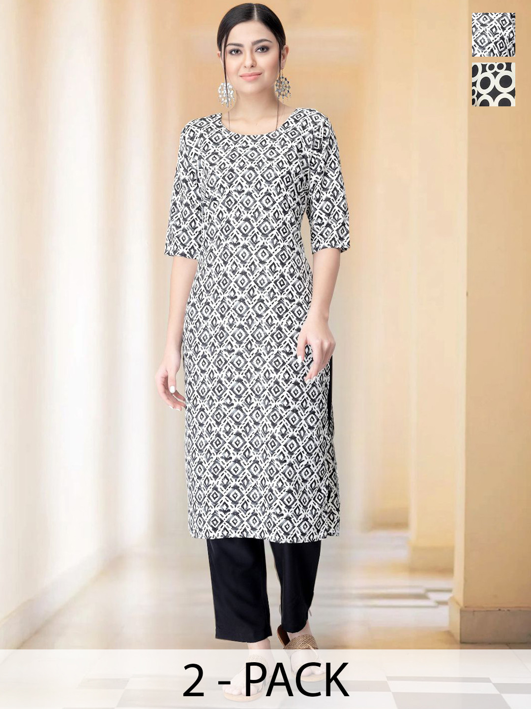 

7Threads Selection Of 2 Geometric Printed Round Neck Straight Kurta With Trousers, White