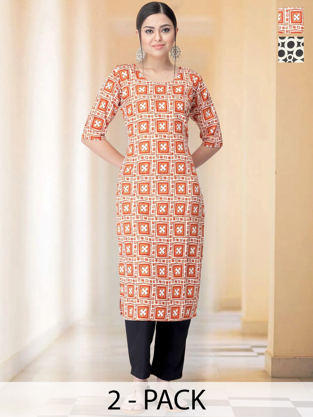 

7Threads Selection Of 2 Geometric Printed Round Neck Straight Kurtas With Trousers, Orange