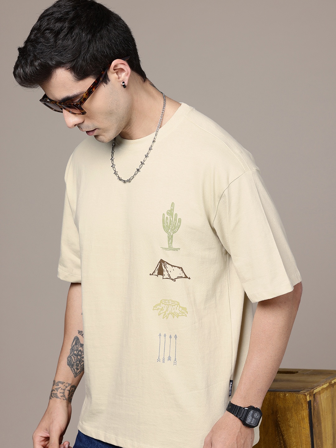 

The Roadster Life Co. Printed Drop-Shoulder Sleeves Pure Cotton Relaxed Fit T-shirt, Beige