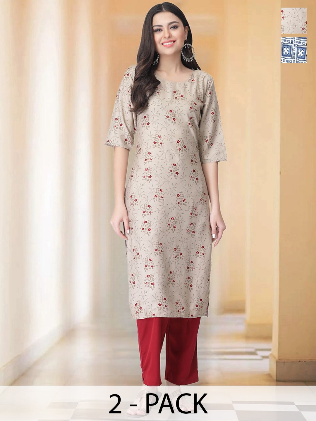 

7Threads Selection Of 2 Floral Printed Round Neck Straight Kurta with Trousers, Brown