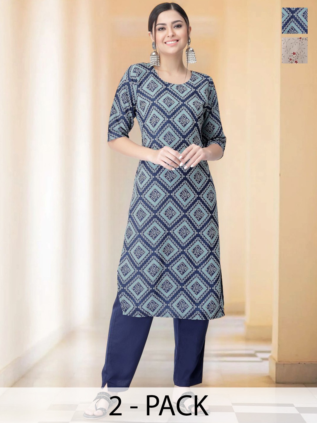 

7Threads Selection Of 2 Geometric Printed Round Neck Straight Kurtas With Trousers, Blue