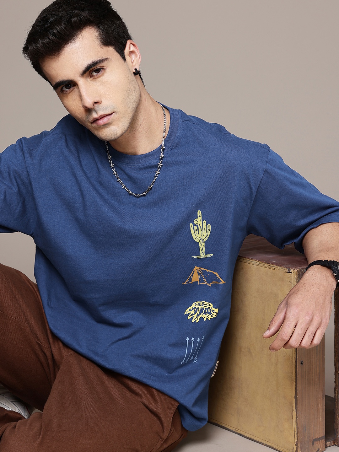 

The Roadster Life Co. Graphic Printed Drop-Shoulder Sleeves Pure Cotton Relaxed T-shirt, Blue