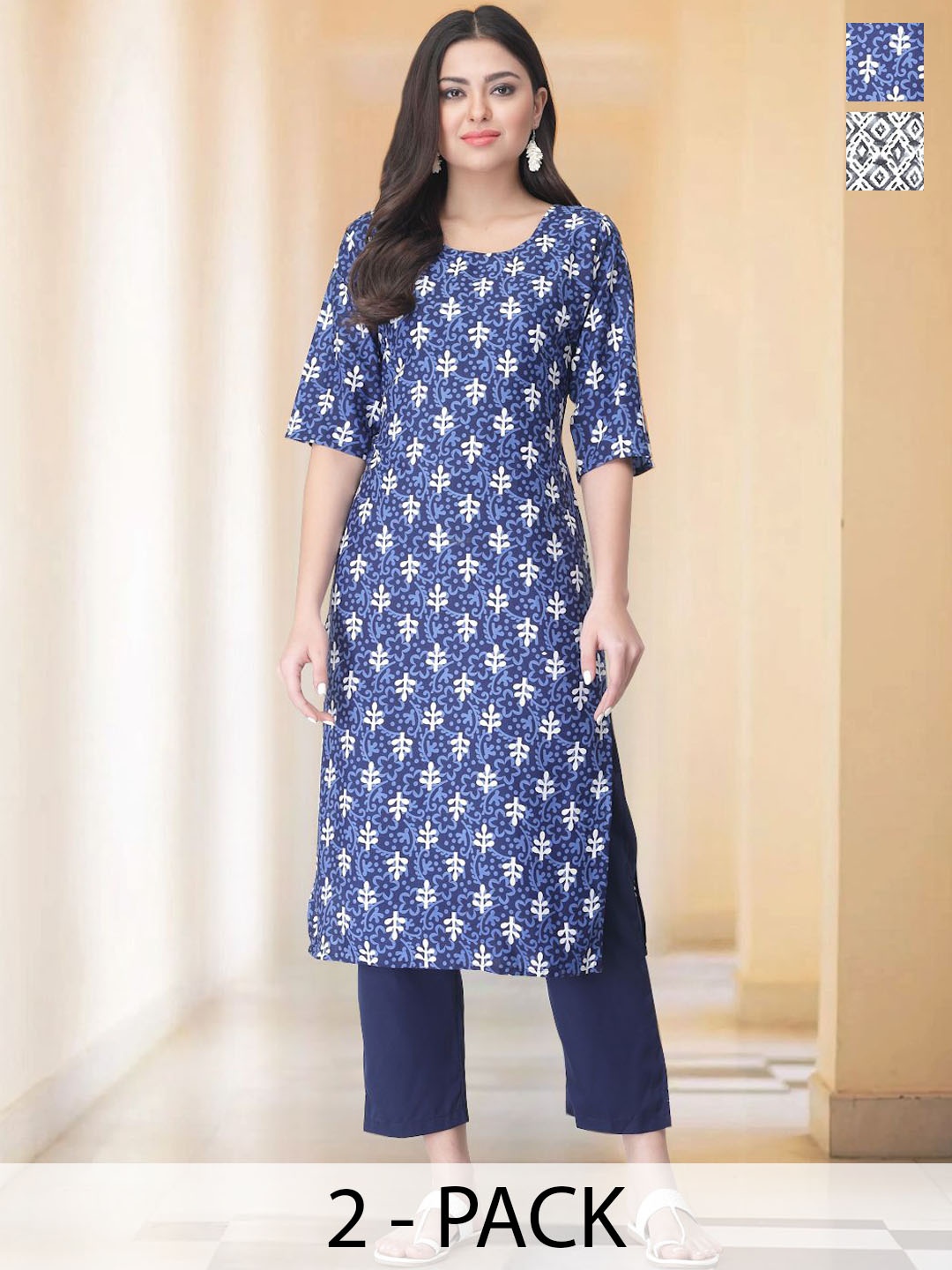 

7Threads Selection Of 2 Floral Printed Round Neck Straight Kurta With Trousers, Blue