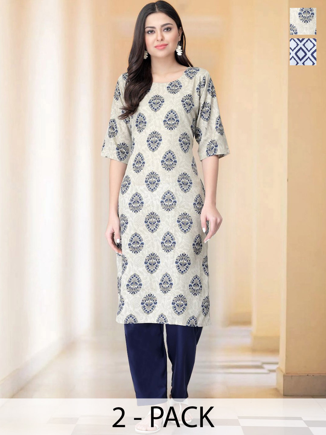 

7Threads Selection Of 2 Ethnic Motifs Printed Straight Kurtas With Trousers, Beige