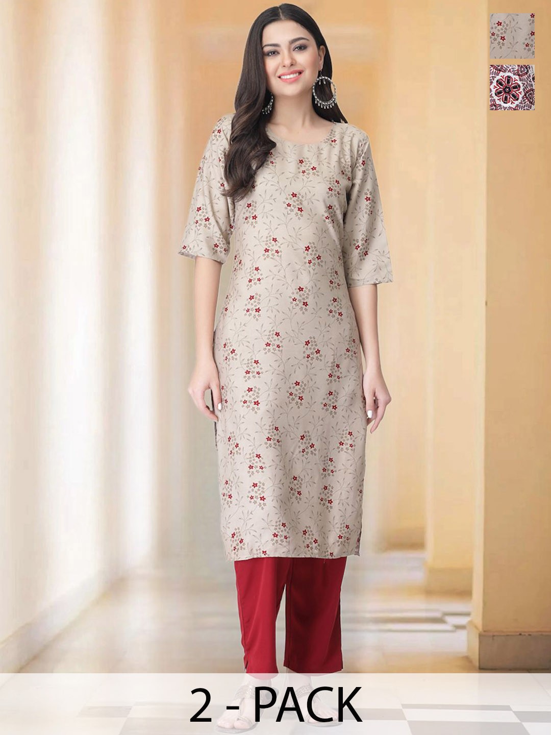

7Threads Selection Of 2 Floral Printed Round Neck Straight kurta With Trousers, Red