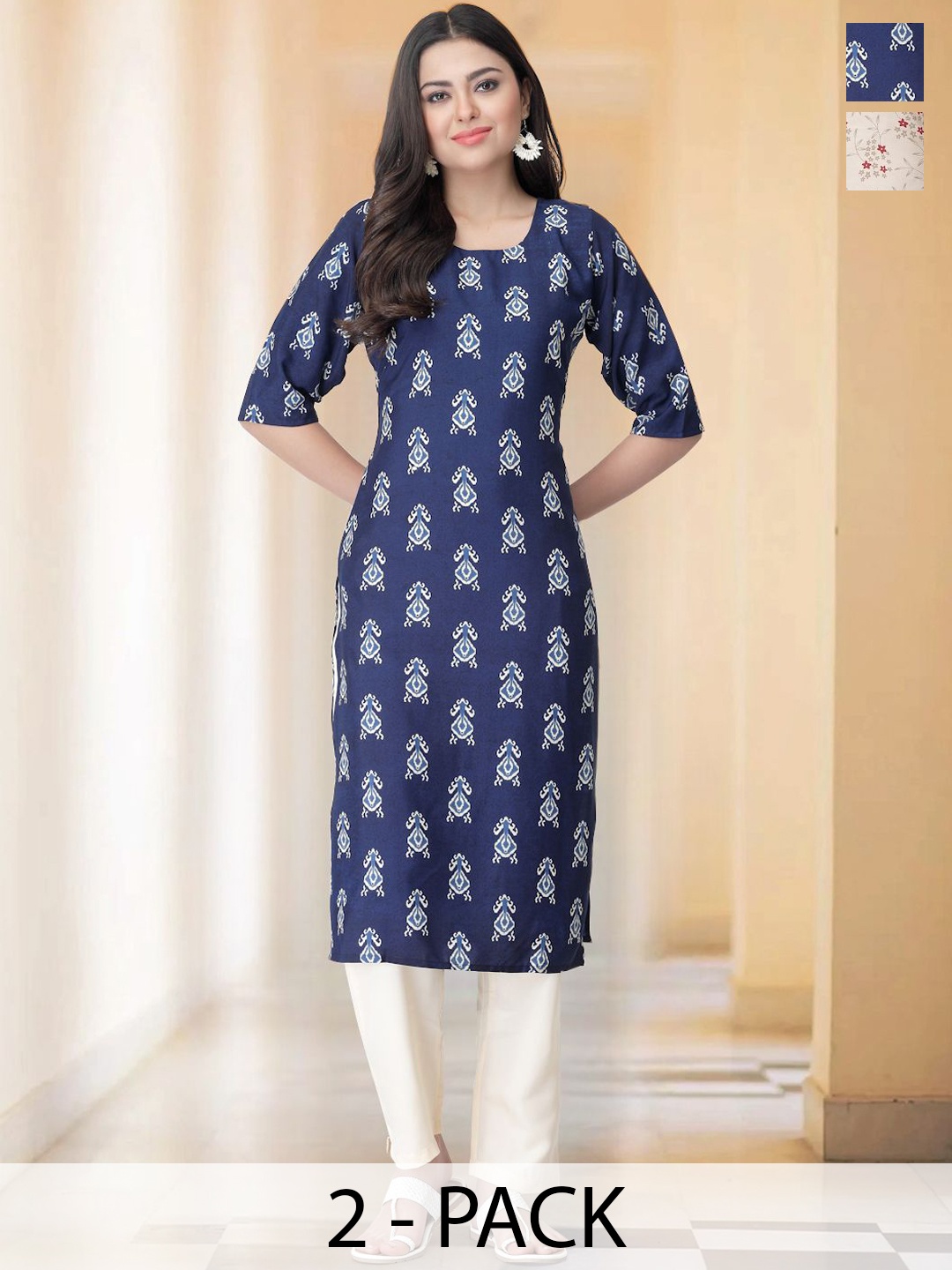 

7Threads Selection Of 2 Ethnic Motifs Printed Round Neck Straight Kurtas With Trousers, Beige