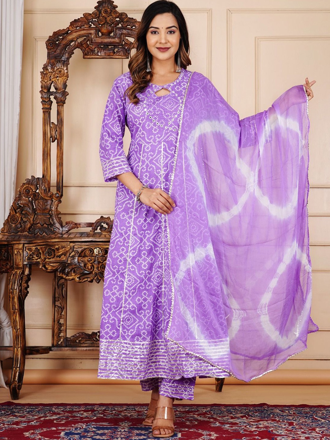 

L.H HANDICRAFTS Bandhani Printed Mirror Work Pure Cotton Kurta With Trouser And Dupatta, Purple