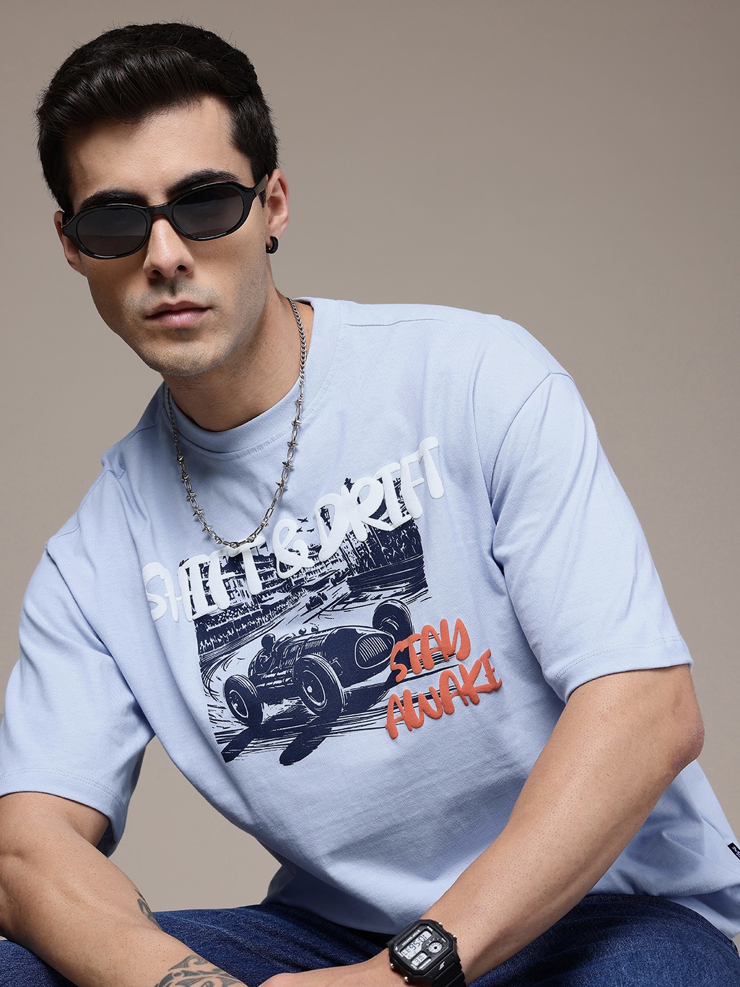 

The Roadster Life Co. Printed Drop-Shoulder Sleeves Pure Cotton Relaxed Fit T-shirt, Blue