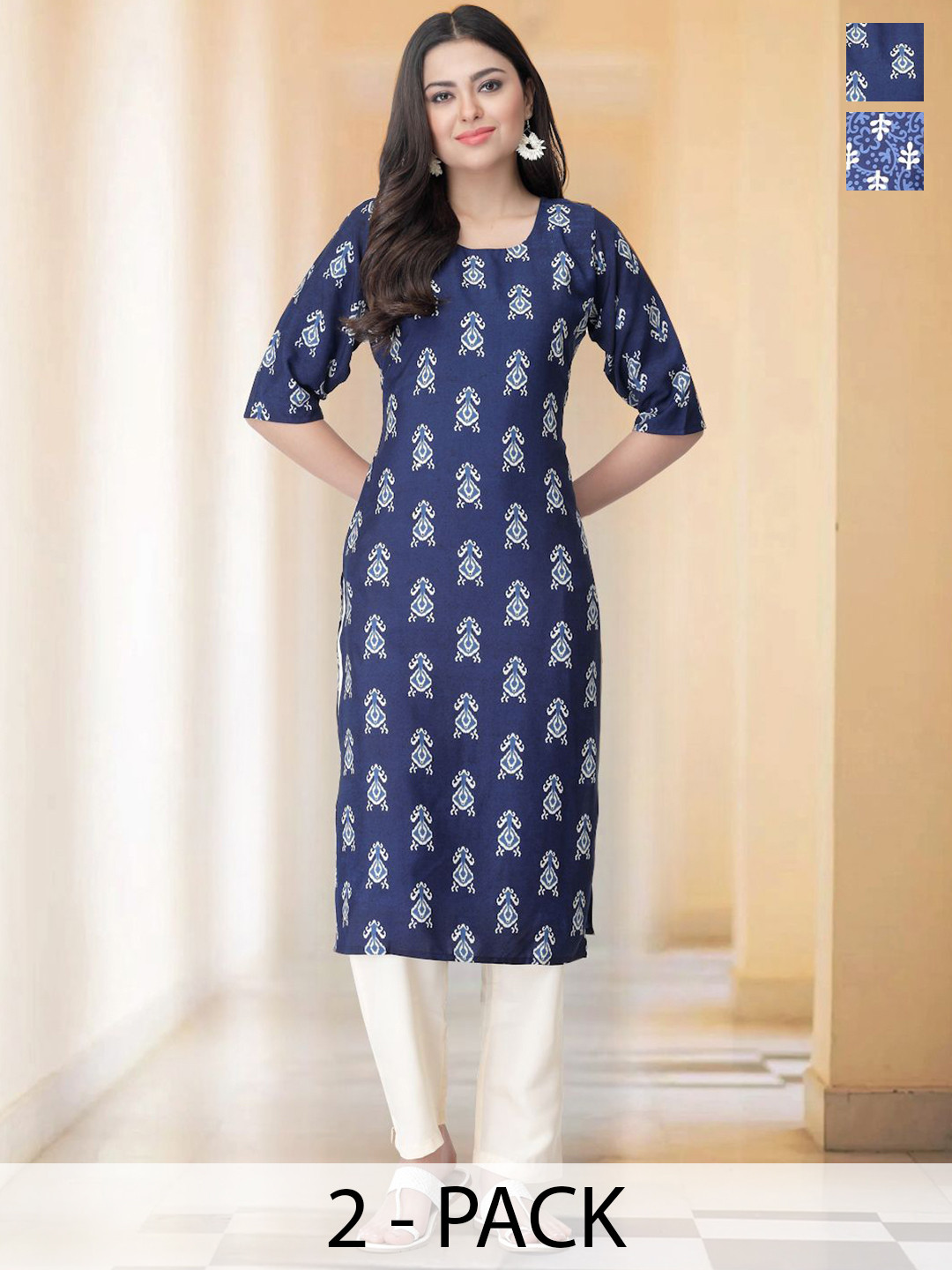 

7Threads Selection Of 2 Ethnic Motifs Printed Straight Kurtas With Trousers, Navy blue