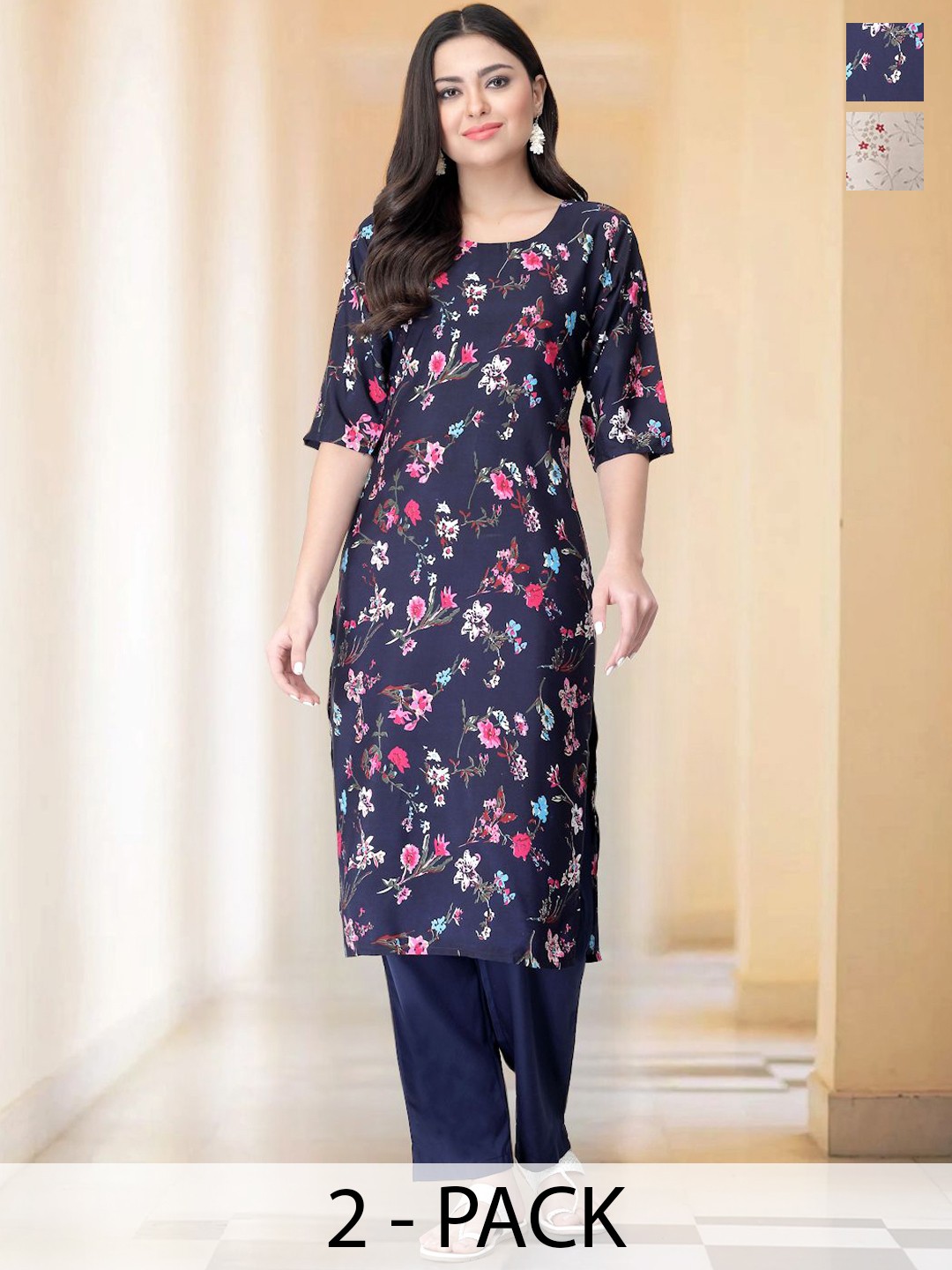 

7Threads Selection Of 2 Floral Printed Round Neck Straight Kurta With Trousers, Navy blue