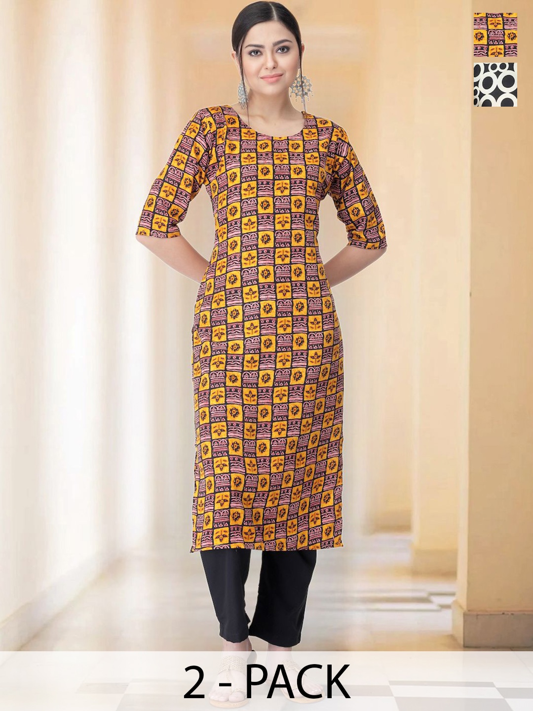 

7Threads Selection Of 2 Ethnic Motifs Printed Round Neck Straight Kurta With Trousers, Black