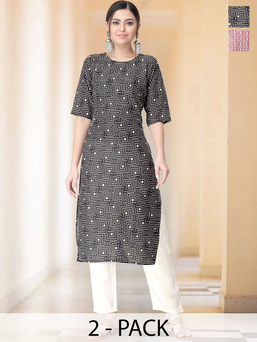 

7Threads Selection Of 2 Geometric Printed Round Neck Straight Kurta With Trousers, Pink