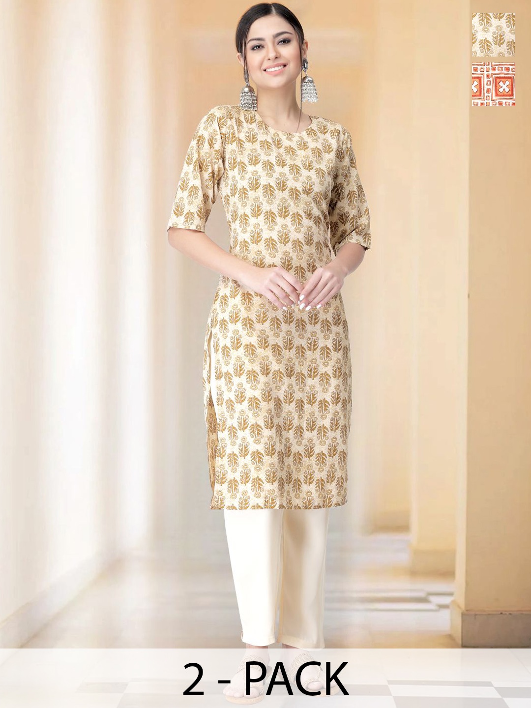 

7Threads Selection Of 2 Floral Printed Rounc Neck Straight Kurta With Trousers, Beige