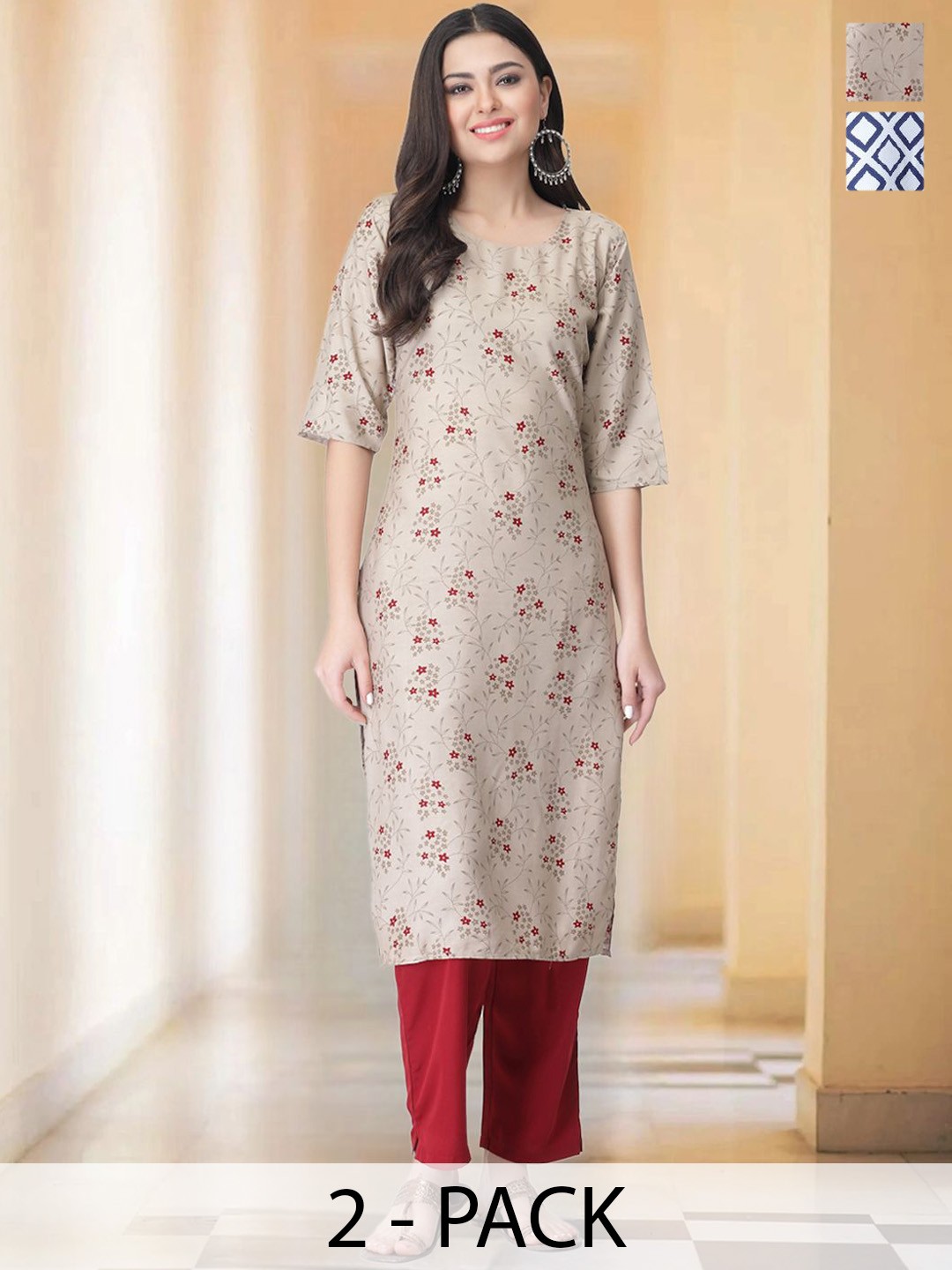 

7Threads Selection of 2 Floral Printed Round Neck Straight Kurtas With Trousers, Beige