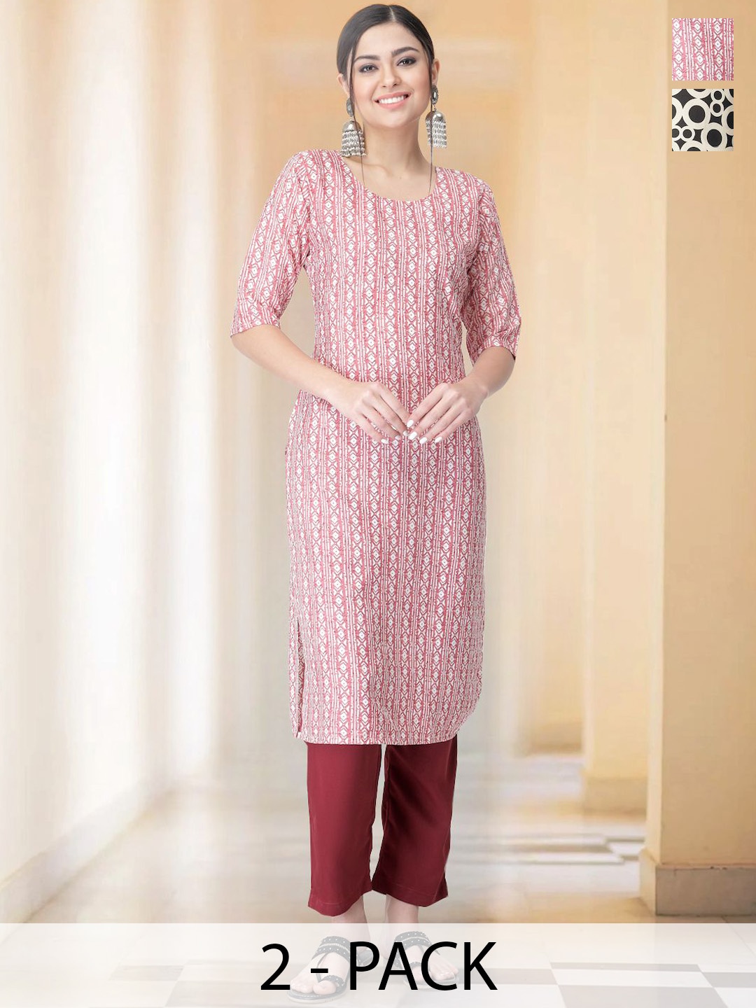 

7Threads Selection Of 2 Geometric Printed Round Neck Straight Kurtas With Trousers, Pink