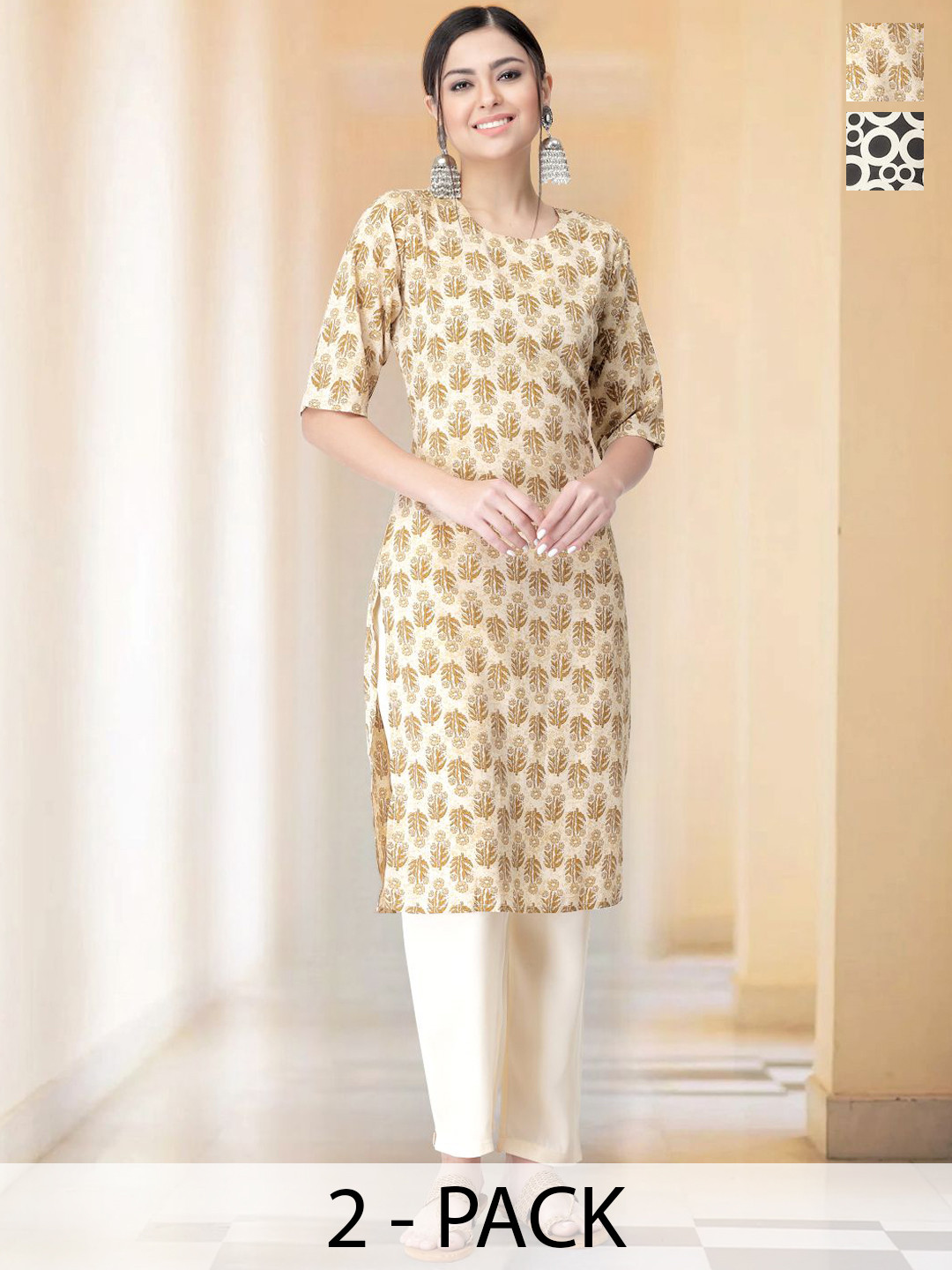 

7Threads Selection Of 2 Ethnic Motifs Printed Round Neck Straight Kurtas With Trousers, Beige