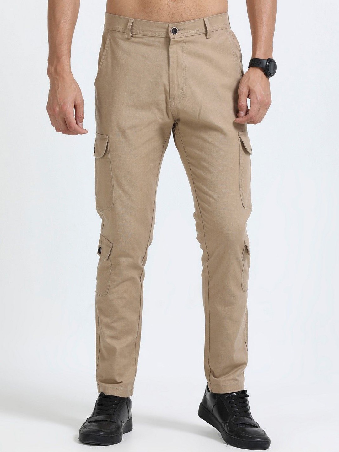 

NEVER NEUD Men Relaxed Regular Fit Mid-Rise Cotton Cargos Trouser, Camel brown