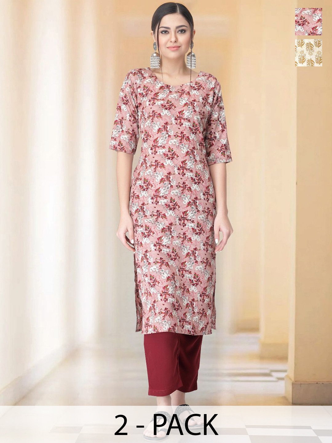 

7Threads Selection of 2 Floral Printed Round Neck Straight Kurtas With Trousers, Beige