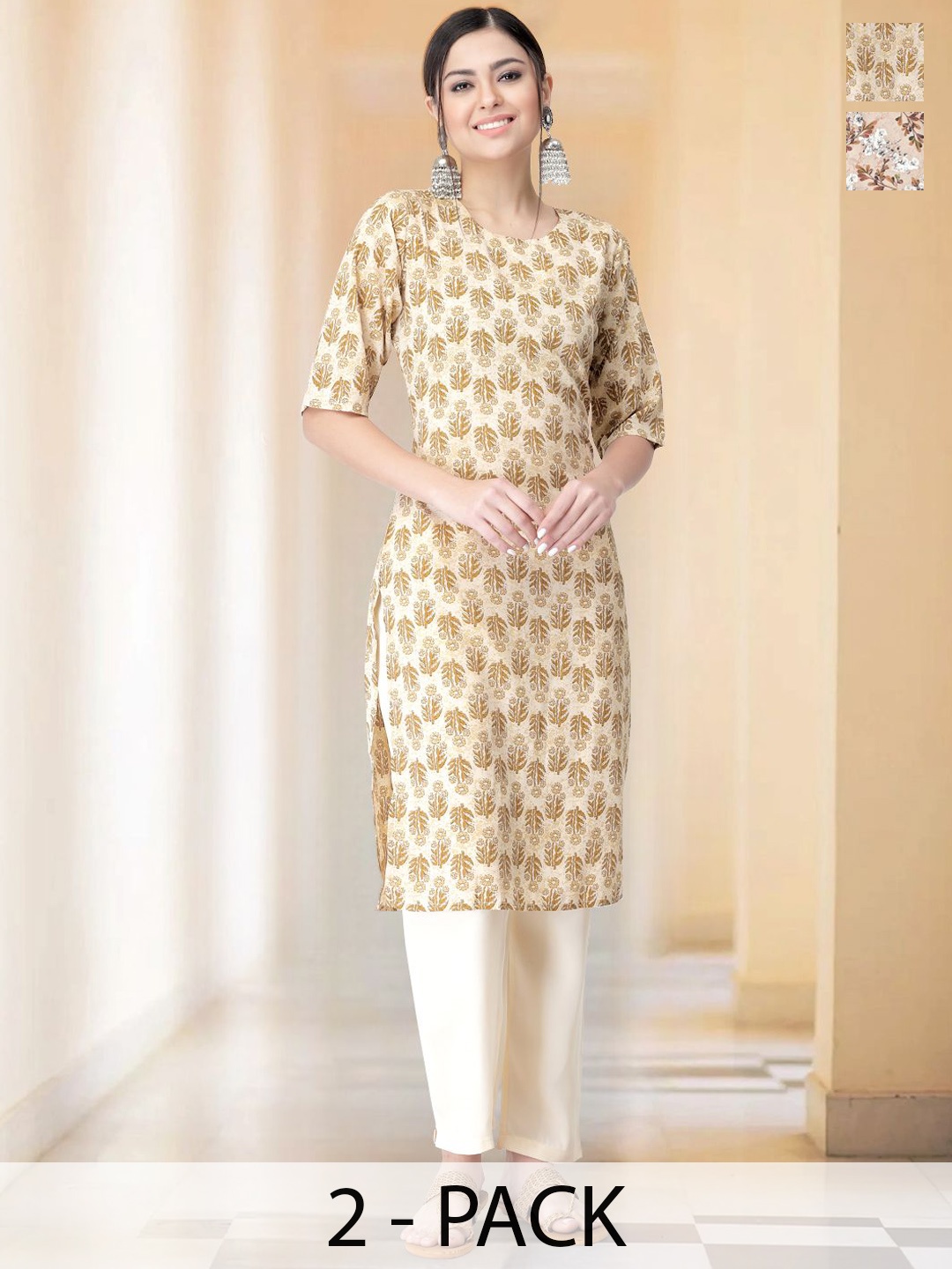 

7Threads Selection Of 2 Ethnic Motifs Printed Round Neck Straight Kurtas With Trousers, Beige