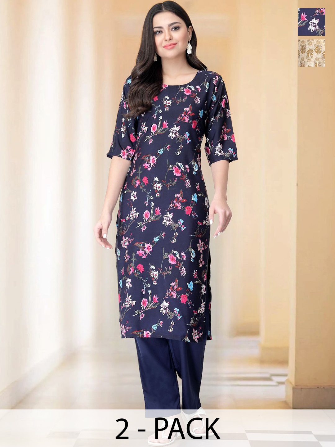 

7Threads Selection Of 2 Floral Printed Round Neck Straight Kurtas With Trousers, Navy blue