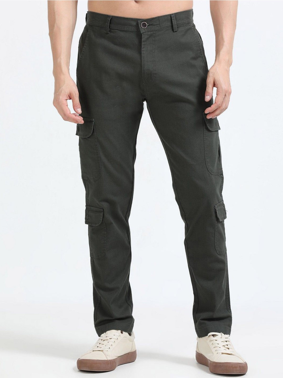 

NEVER NEUD Men Relaxed Regular Fit Mid-Rise Cotton Cargos Trousers, Olive
