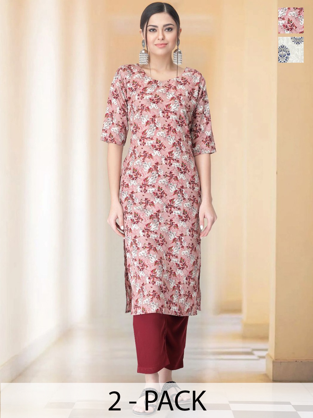 

7Threads Selection Of 2 Floral Printed Round Neck Straight Kurta With Trousers, Pink