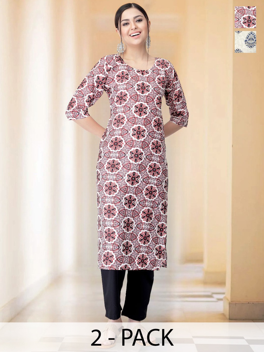 

7Threads Selection Of 2 Floral Printed Round Neck Straight Kurtas With Trousers, White