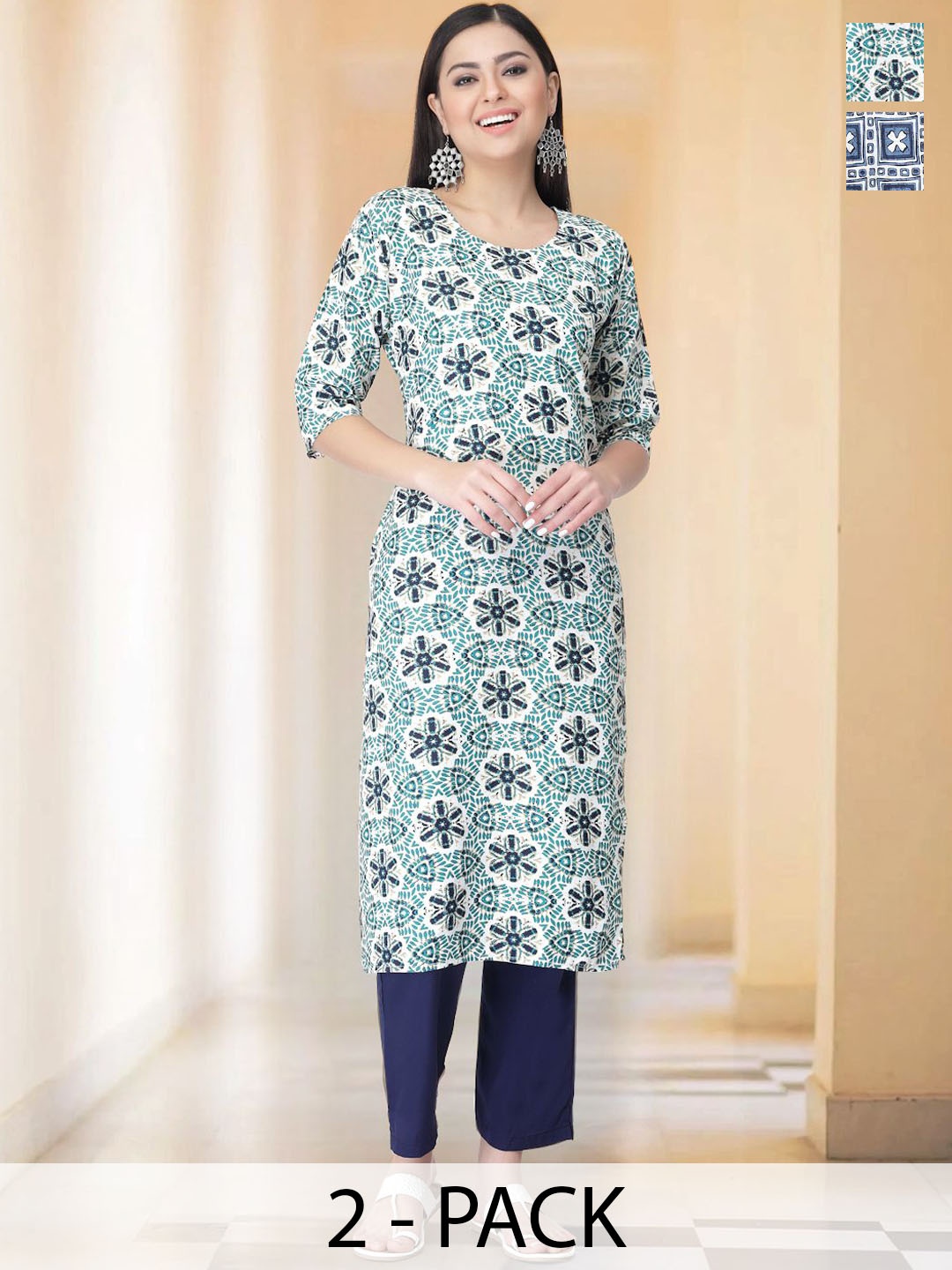 

7Threads Selection of 2 Floral Printed Round Neck Straight Kurtas With Trousers, White