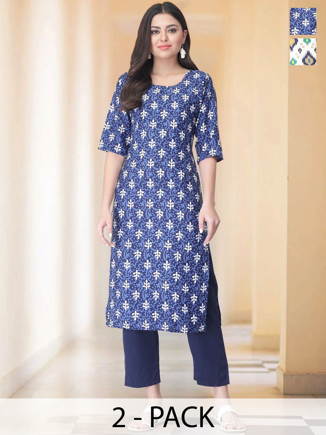 

7Threads Selection Of 2 Floral Printed Straight Kurtas With Trousers, Blue