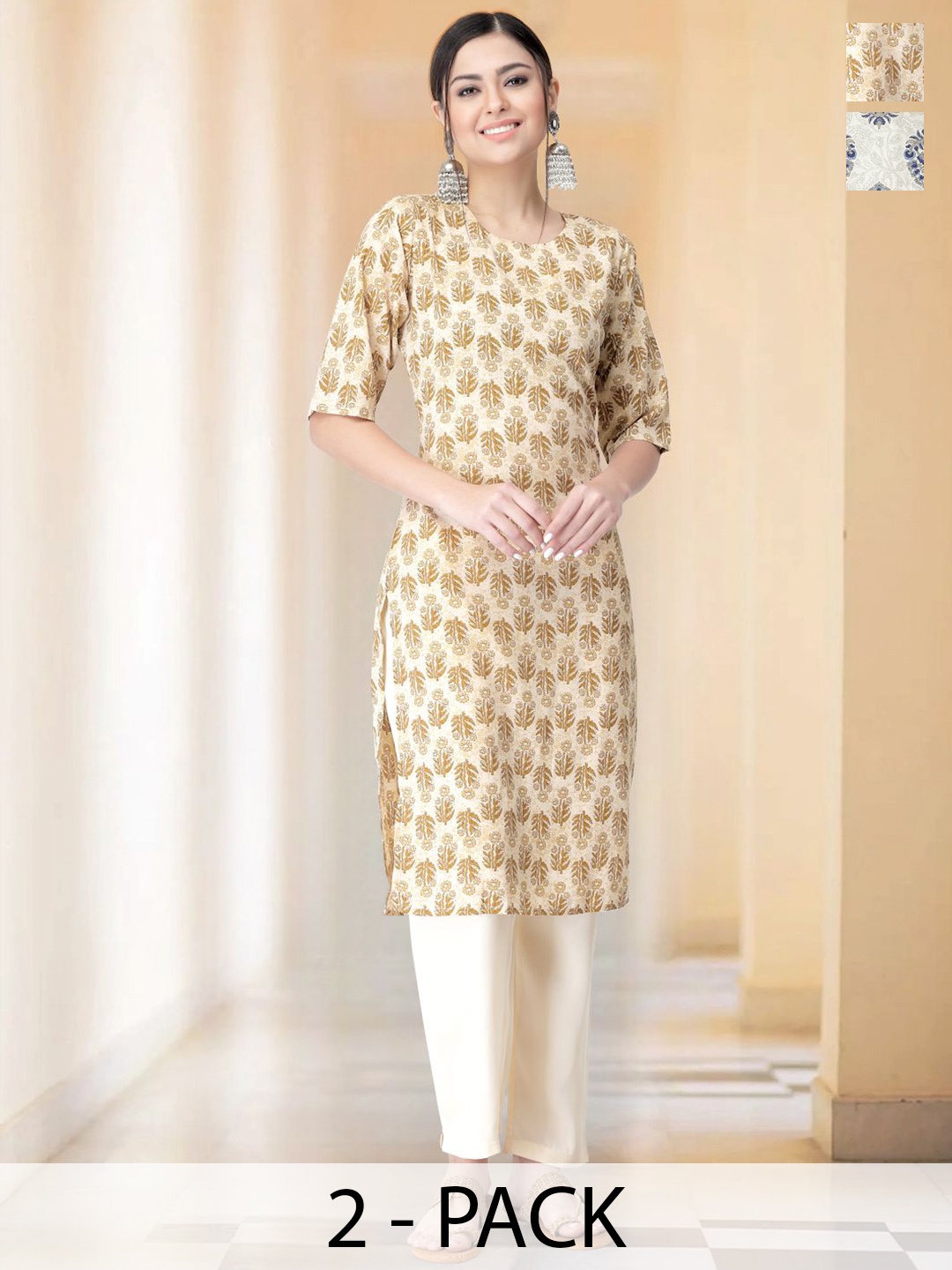 

7Threads Selection of 2 Floral Printed Round Neck Kurtas With Trousers, Beige