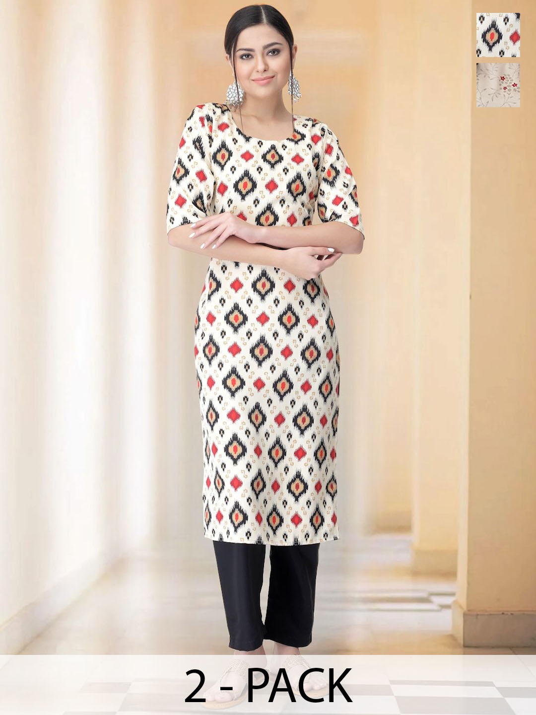 

7Threads Selection Of 2 Geometric Printed Round Neck Straight Kurtas With Trousers, Cream