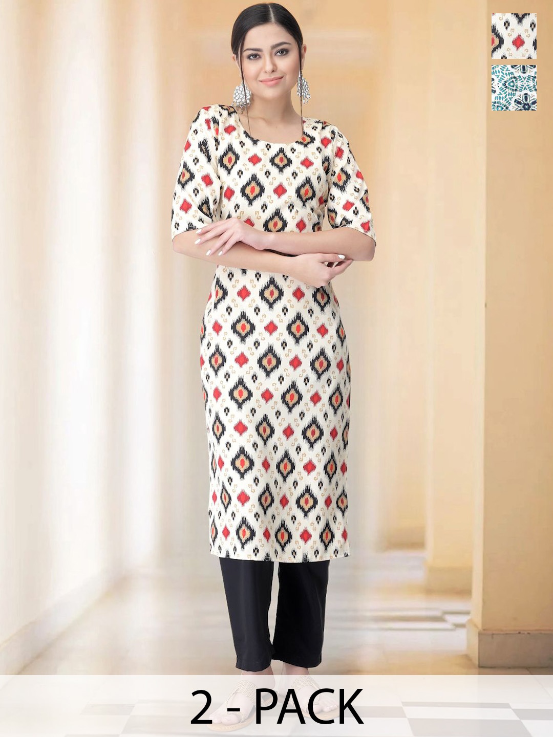 

7Threads Selection Of 2 Ethnic Motifs Printed Round Neck Straight Kurta With Trousers, White