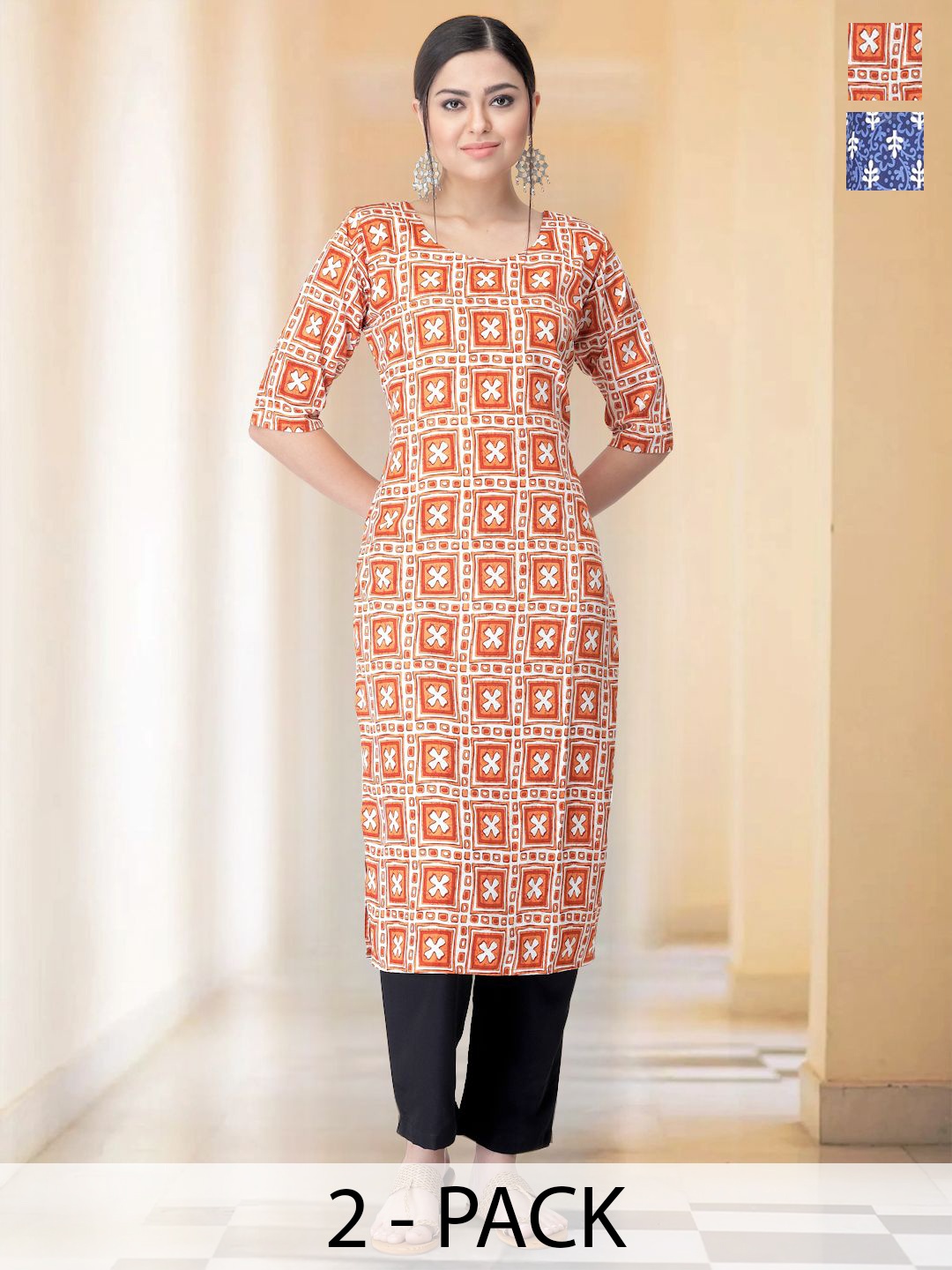 

7Threads Selection Of 2 Ethnic Motifs Printed Round Neck Straight Kurta With Trousers, Orange