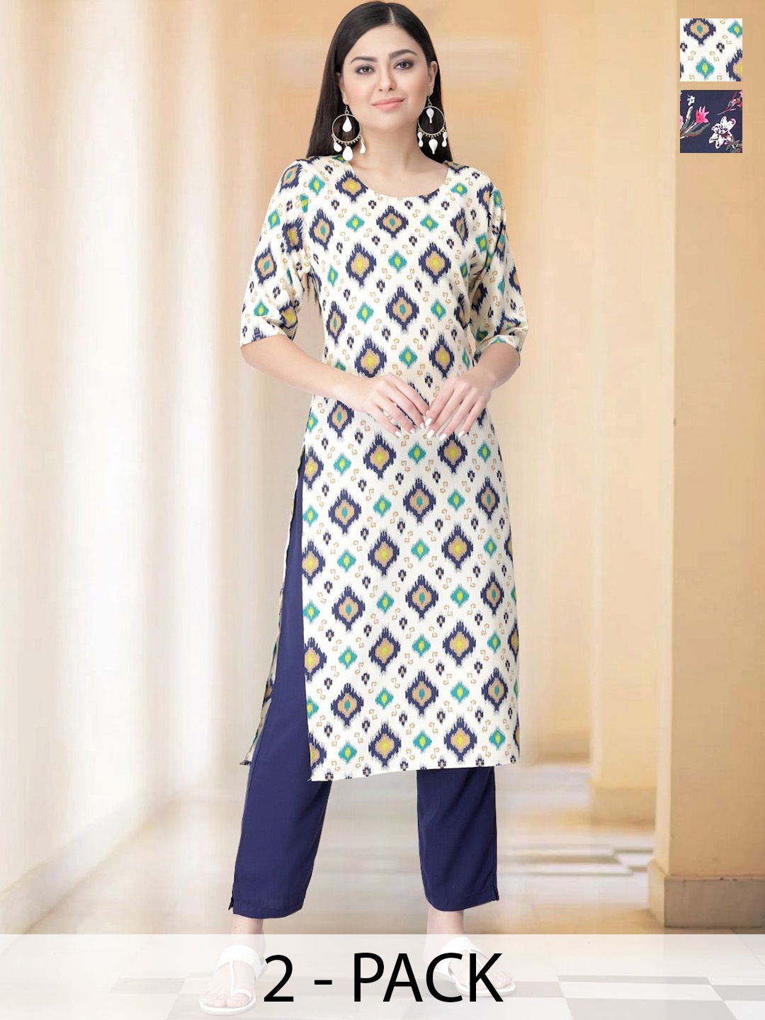 

7Threads Selection Of 2 Ethnic Motifs Printed Straight Kurtas With Trousers, White