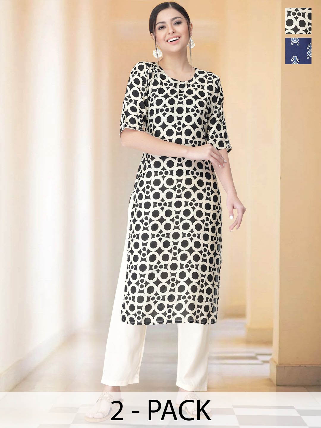 

7Threads Selection Of 2 Geometric Printed Round Neck Straight Kurtas With Trousers, Beige