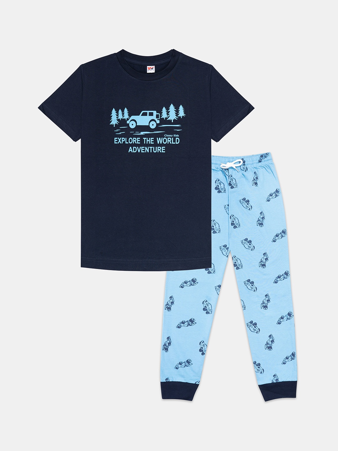 

Tee Weavers Boys Printed T-shirt and Pyjamas Pure Cotton Night suit, Navy blue