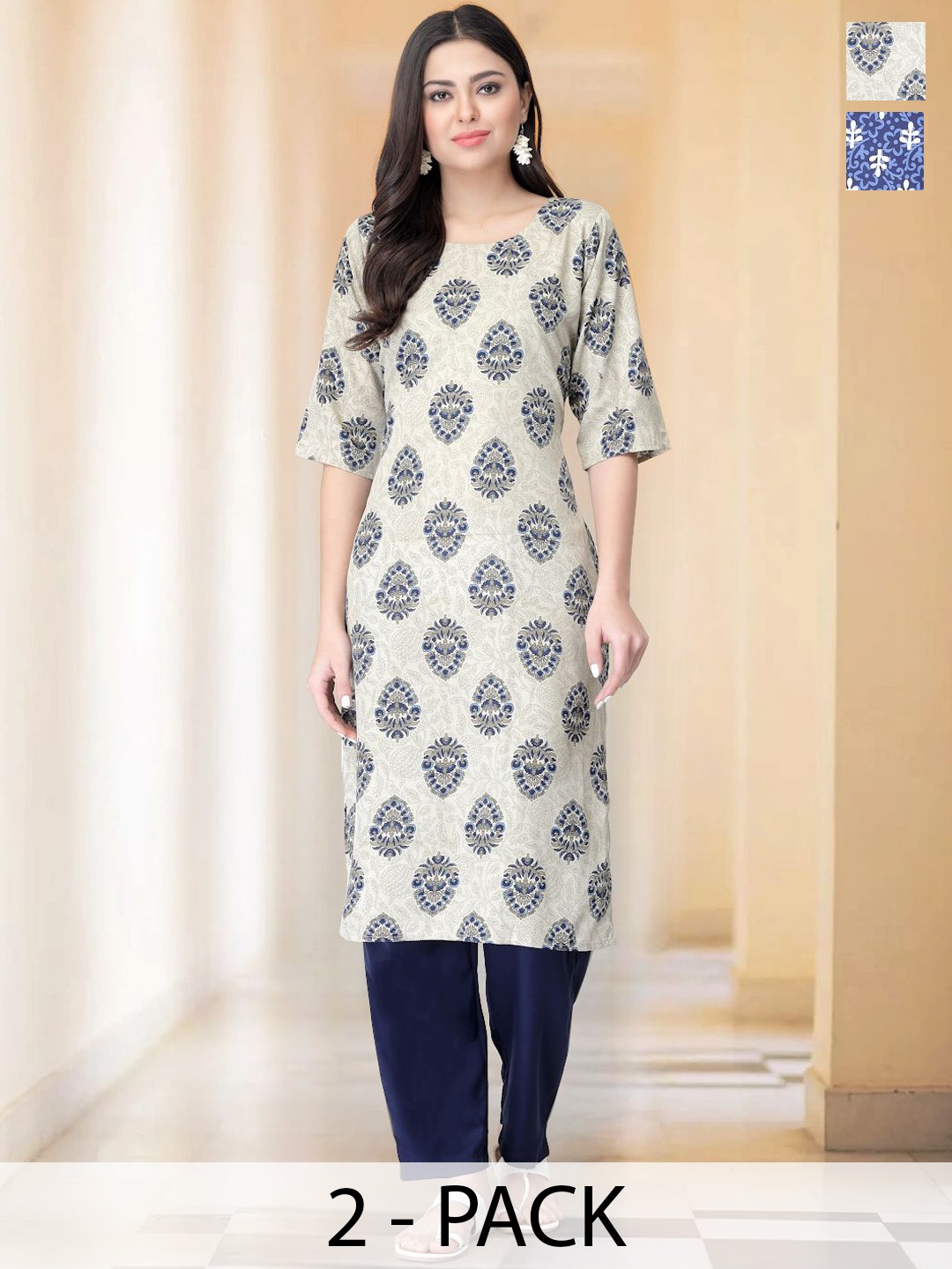 

7Threads Selection Of 2 Floral Printed Round Neck Straight Kurtas With Trousers, Beige