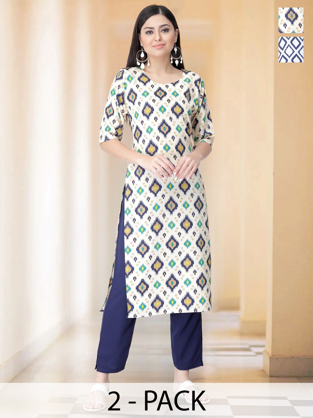 

7Threads Selection Of 2 Ethnic Motifs Printed Round Neck Straight Kurta With Trousers, White