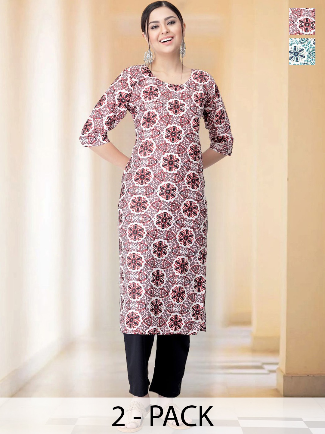 

7Threads Selection Of 2 Floral Printed Round Neck Straight Kurta With Trousers, Red