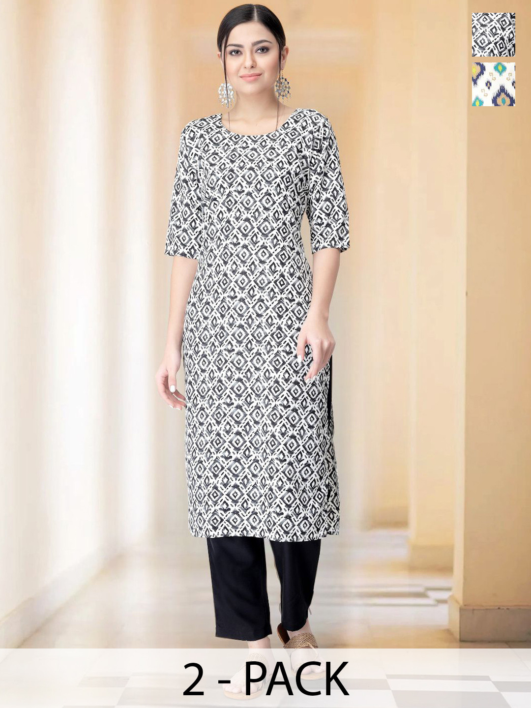 

7Threads Selection Of 2 Ethnic Motifs Printed Round Neck Straight Kurtas With Trousers, Grey