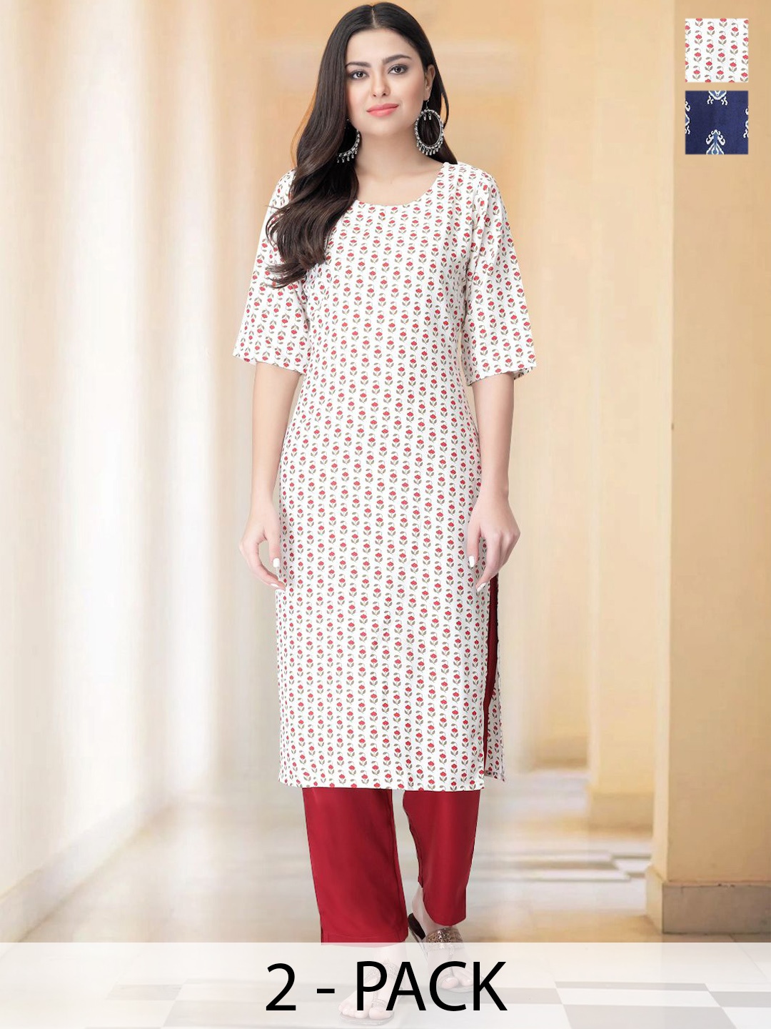 

7Threads Selection Of 2 Floral Printed Round Neck Straight Kurtas With Trousers, Red