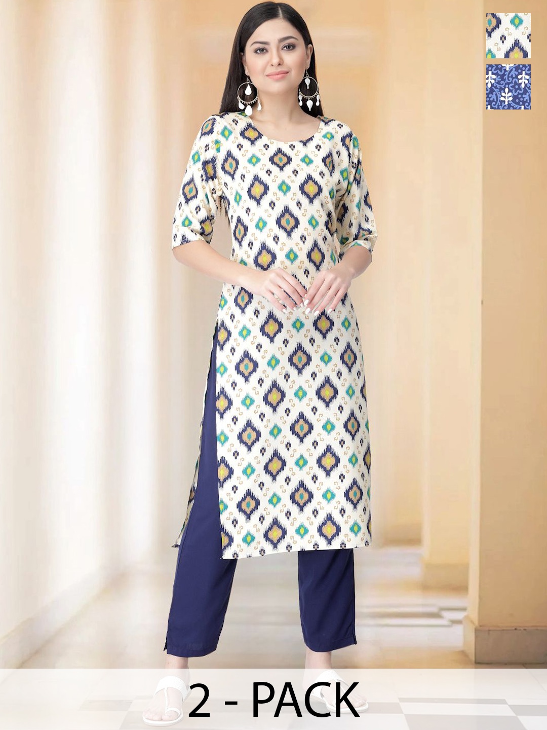 

7Threads Selection Of 2 Ethnic Motifs Printed Straight Kurtas With Trousers, Beige