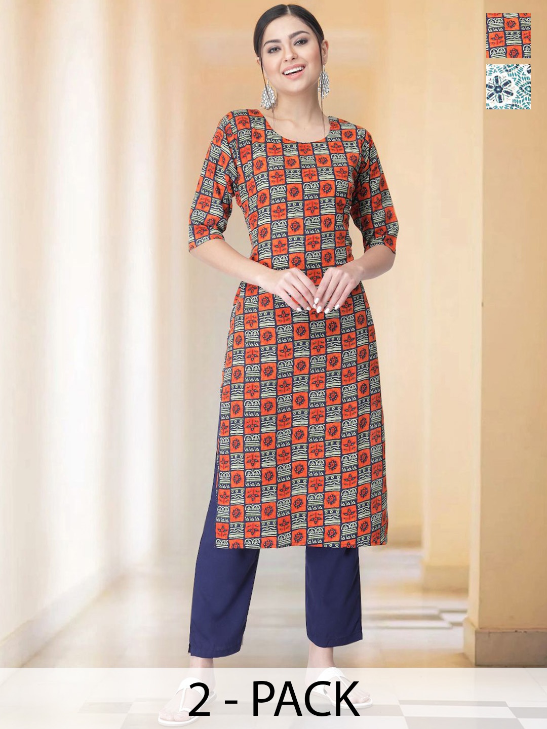 

7Threads Selection Of 2 Ethnic motifs Printed Round Neck Straight Kurta With Trousers, Navy blue