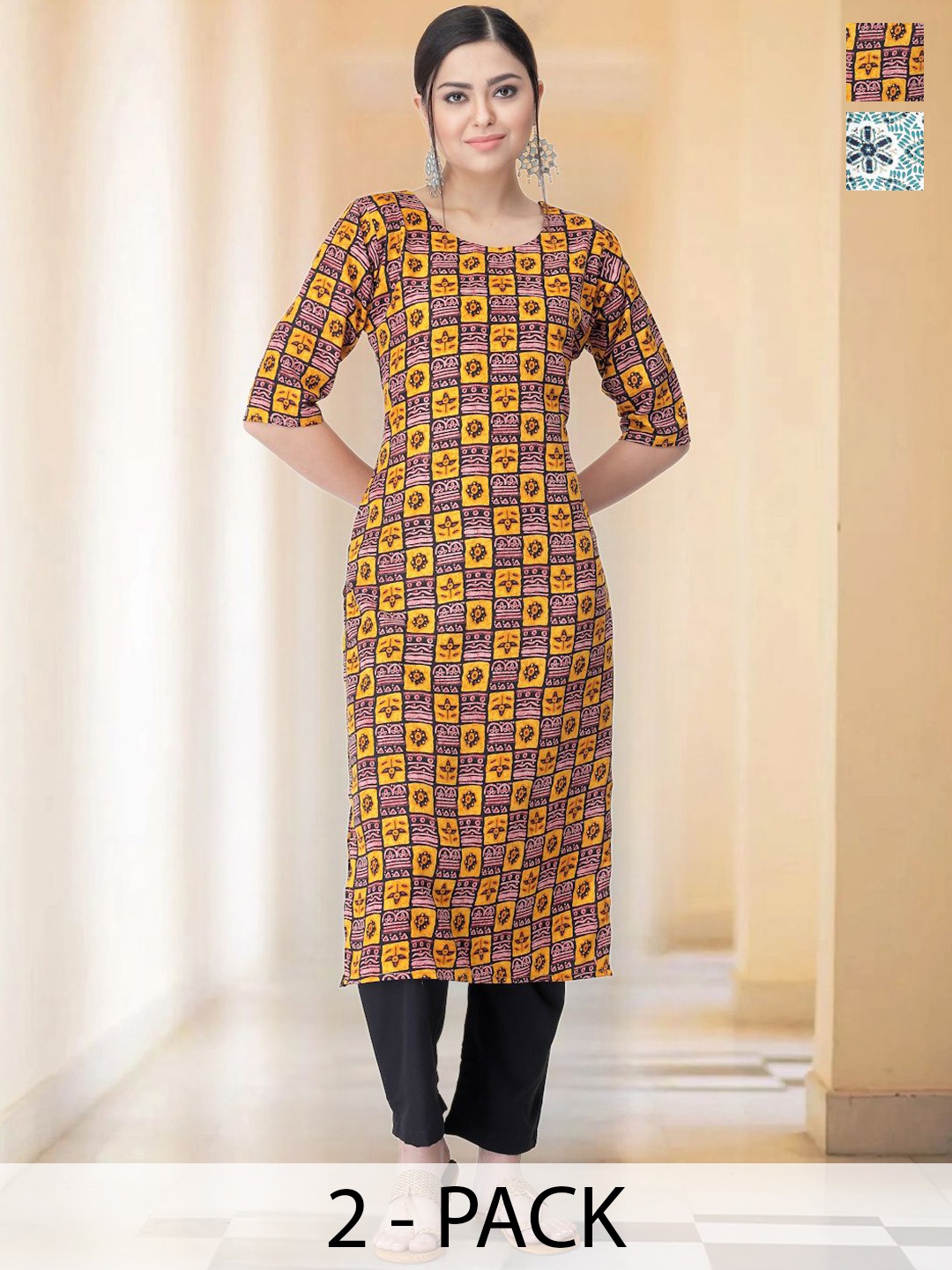 

7Threads Selection Of 2 Ethnic Motifs Printed Round Neck Straight Kurta With Trousers, Yellow